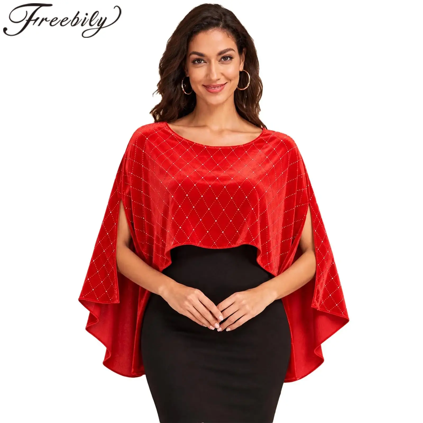 Women Velvet Cape Elegant Wraps Shawls Metallic Rhombus Side Split Top for Evening Party Celebration Event Christmas Outfit