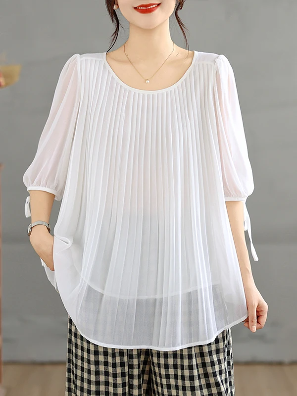 

Лето 2026: Новая корейская художественная однотонная шифоновая плиссированная блузка с круглым вырезом, топ больших размеров, женская мода, оригинальный дизайн