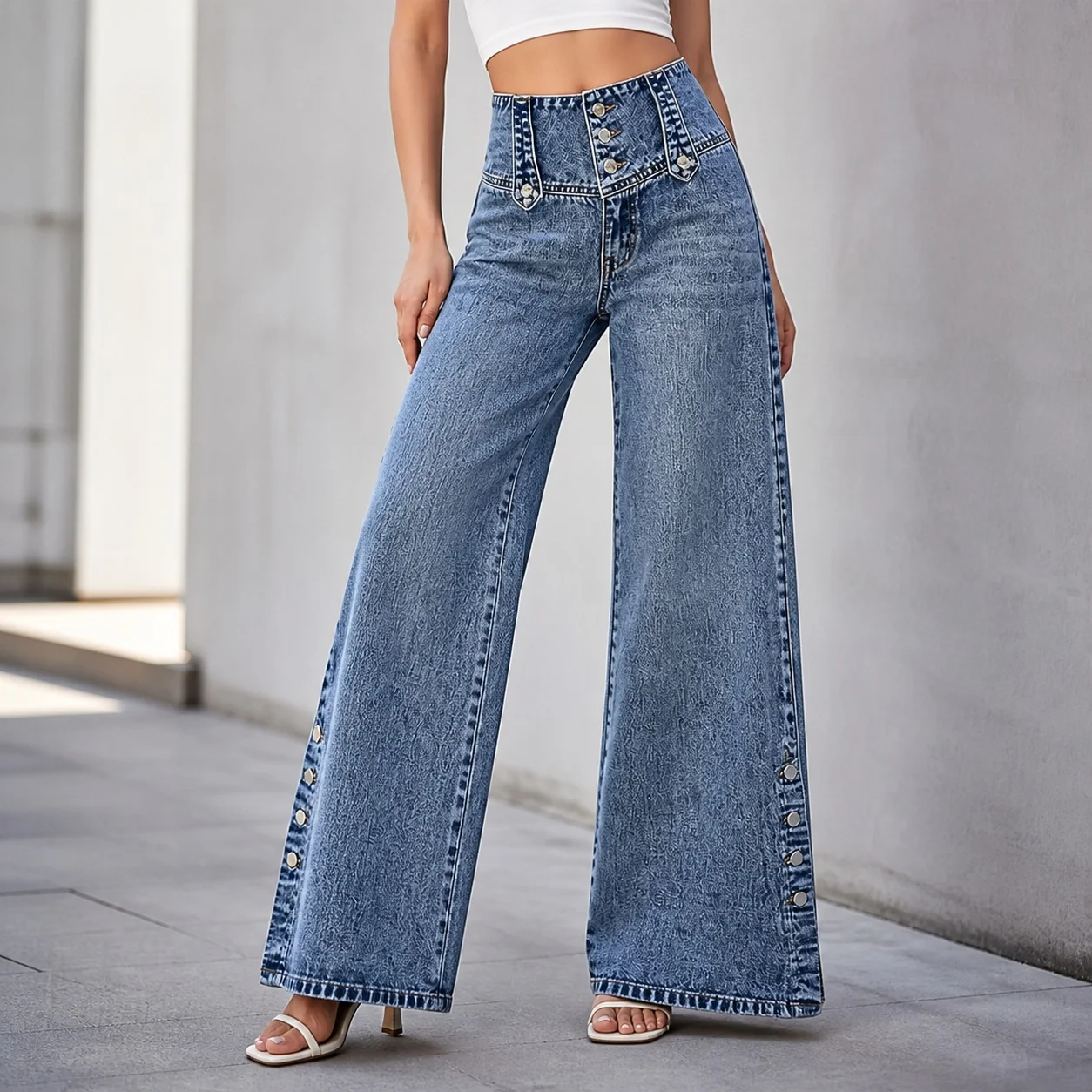 Women's Y2K Baggy High Waist Long Button Fly Slit Hem Washed Cotton Loose Fit Straight Leg Jeans with Side Slit and Metallic