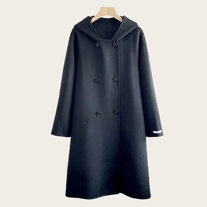 Winter Hooded Double Sided Pure Wool Woolen Outerwear Casual Long Sleeves Coat Women Lapel Double-breasted Loose Long Overcoat