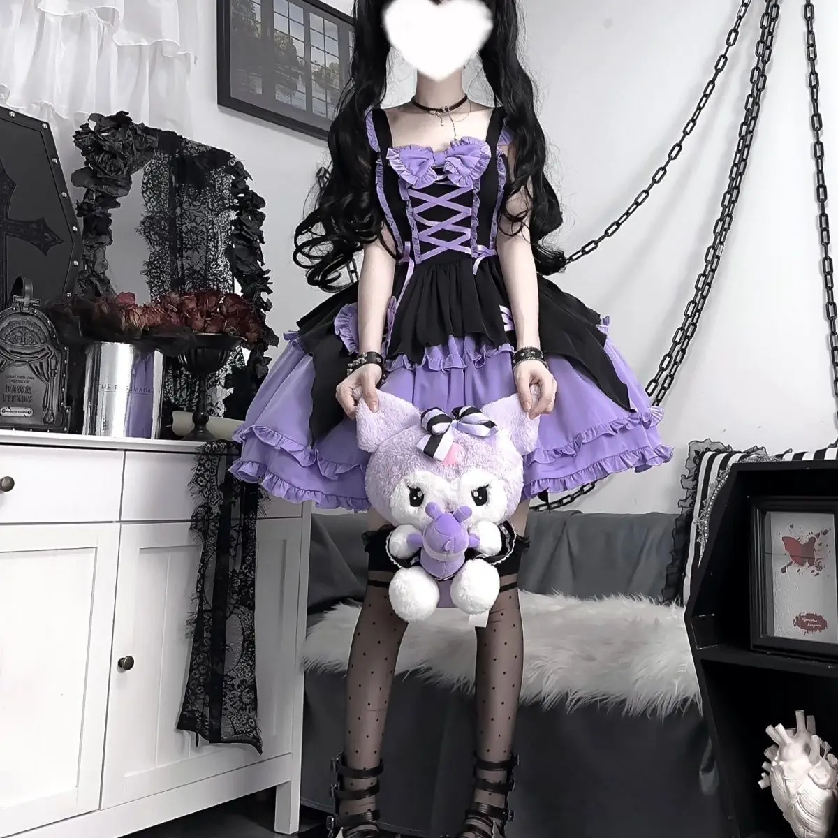 Halloween Victorian Lolita Jsk Dress Girl Witch Cosplay Purple Bowknot Strap Dress Gothic Women Fashion Kawaii Dresses