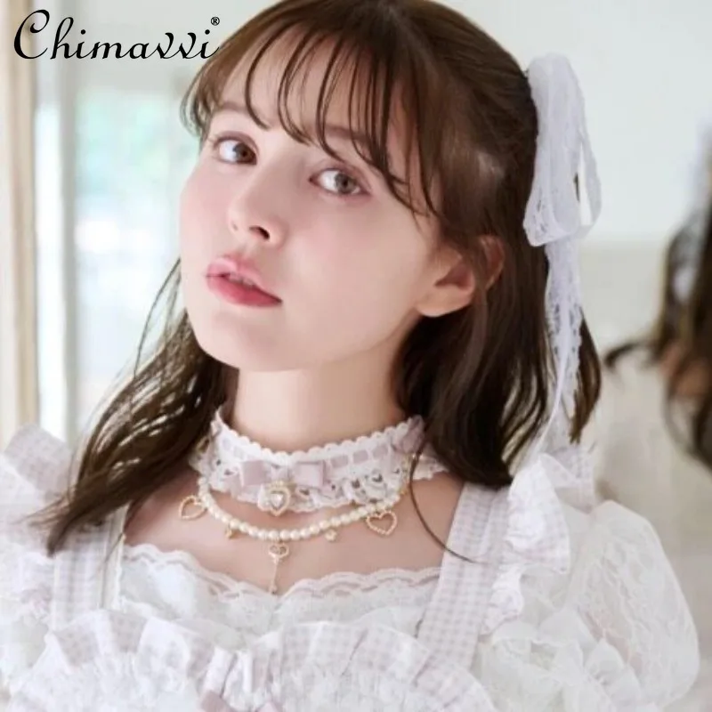 

Liz Japanese Style Sweet Love Pearl Bow Key Pendant Choker 2026 New Cute Fairy Elegant Neck Ornament Women Necklace