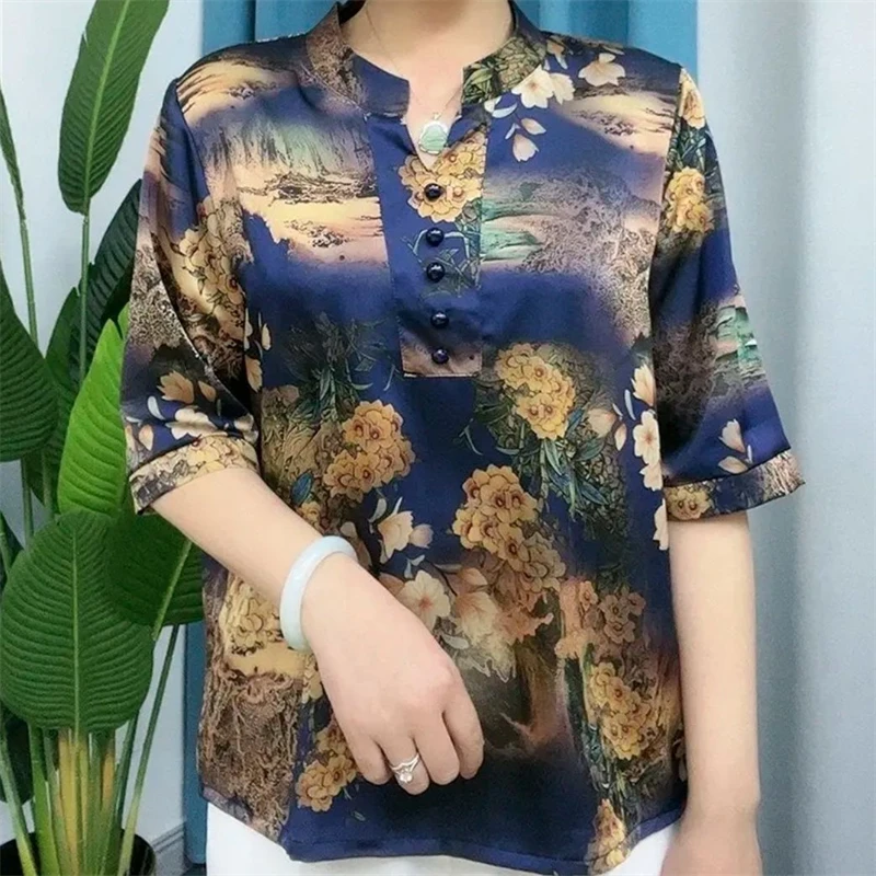 New Women Clothes Summer High Quality Satin Vintage Ethnic Style Blouse Fashion Print V Neck Shirt Ladies Half Sleeve Loose Tops