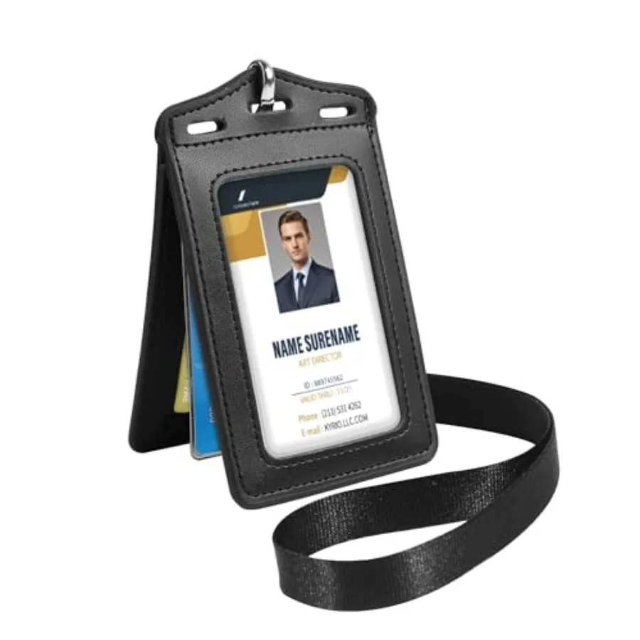 

Leather ID Badge Holder with Lanyard, 5 Card Slots PU Leather ID Card Holder, Heavy Duty Neck Lanyard with Metal Clip for Offic
