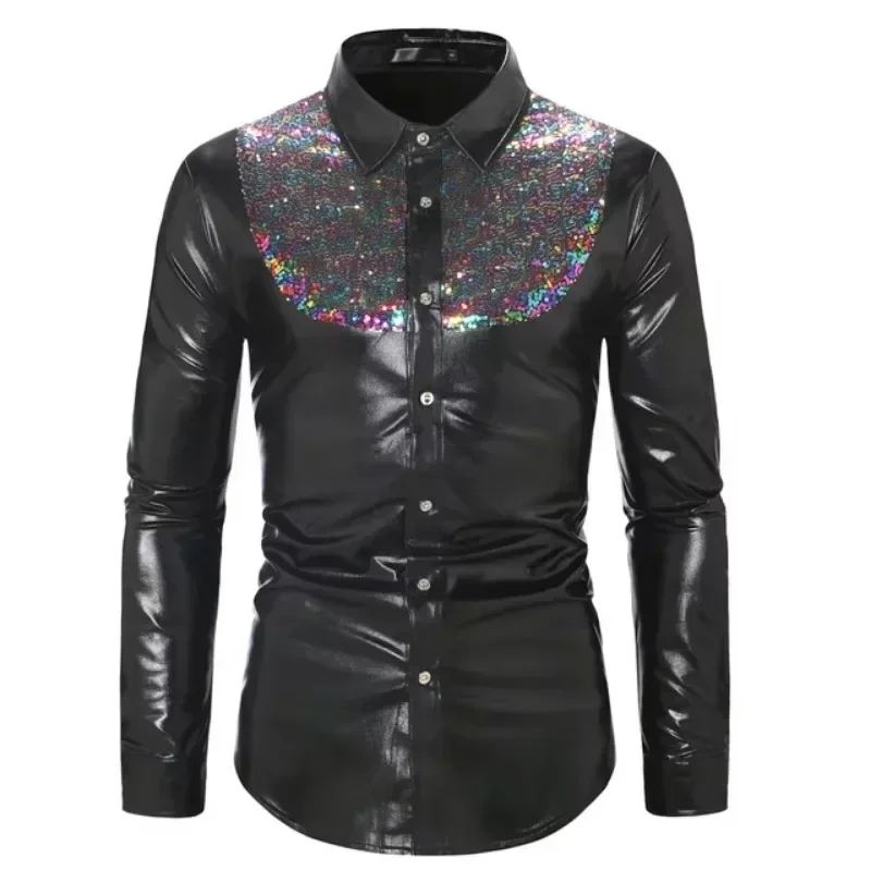 Men's Slim Fit Long Sleeve Shiny Gold Sequin Dress Shirt for 70s Nightclub Party Stage Singer Costume Homme 2025