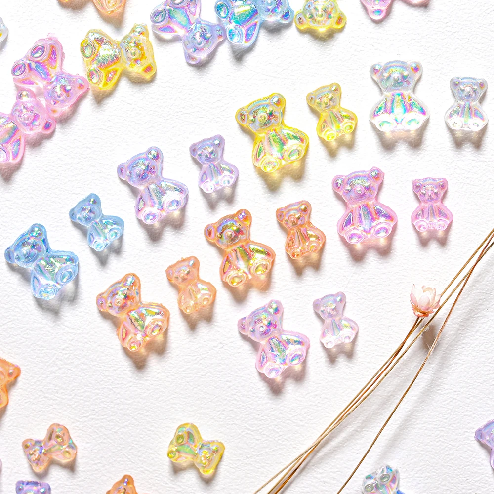 50Pcs 3D Mixed Aurora Bear Nail Charms 9x7mm Kawaii Resin Bear Nail Art Decoration Flat-Back Aurora Bear Manicure Art Rhinestone