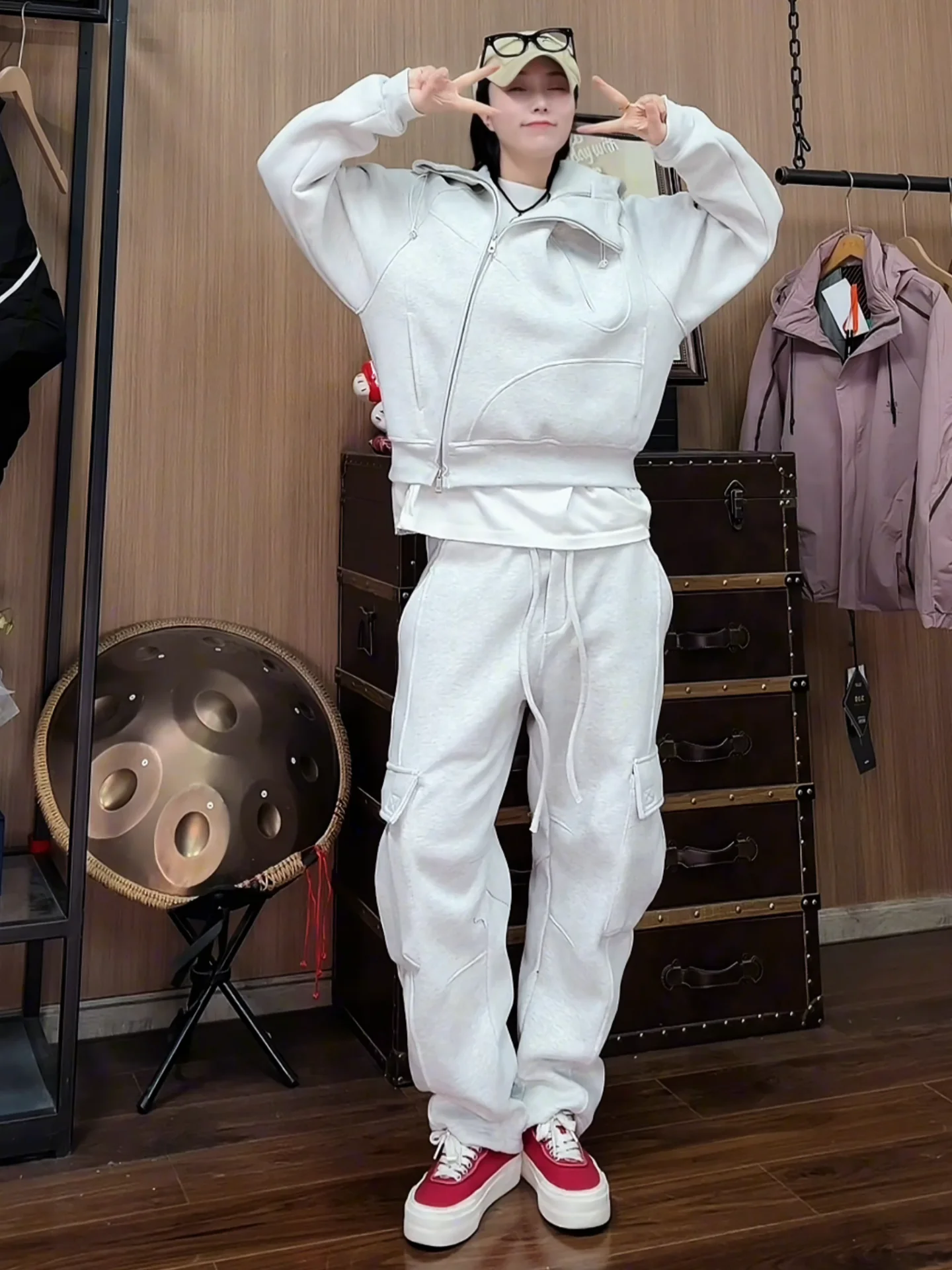 

Winter New Thiened Fce Hooded Zipper Cardigan Casual Pants Set Youth Long Sve Sweatirt with Big kets Workwear