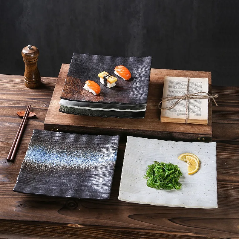 

Japan Ceramic Plate Creative Square Clay Stone Pattern Sushi Western Food Flat Plate Tableware Dish Home Kitchen Supplies 9 Inch