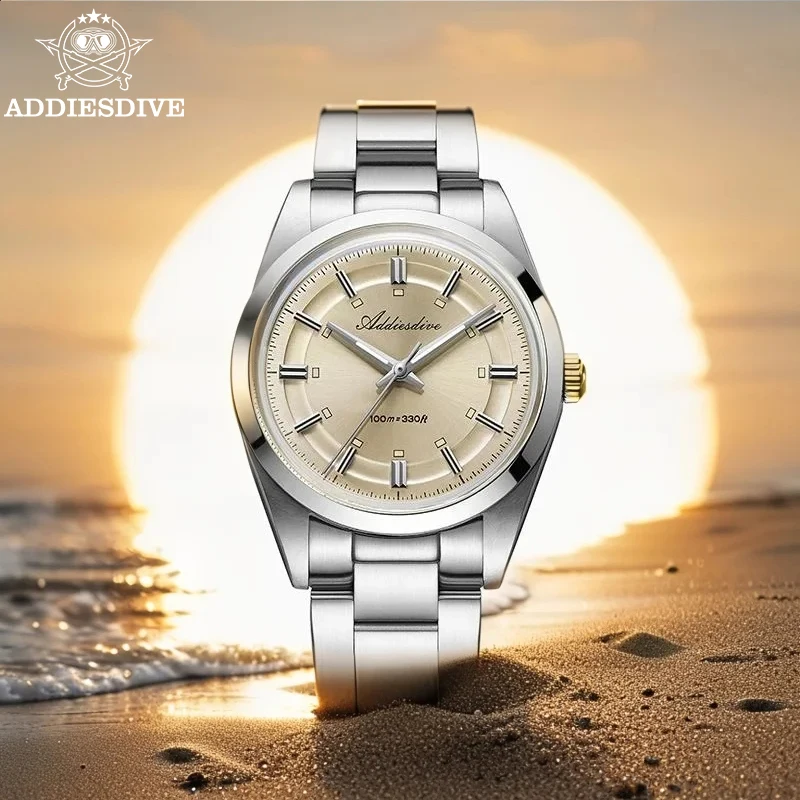 ADDIESDIVE Men Watch 2026 New 36mm Domed Glass AR Coating Luminous 100m Waterproof 316L Stainless Steel VH31 Quartz Wristwatch