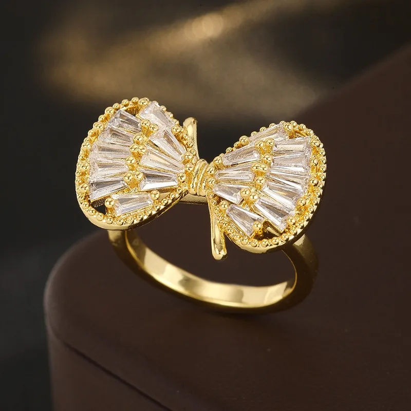 Hollow Zircon Bowknot Three Interlocking Rings, Full Diamond Luxury Minimalist Versatile Stackable Jewelry for Women