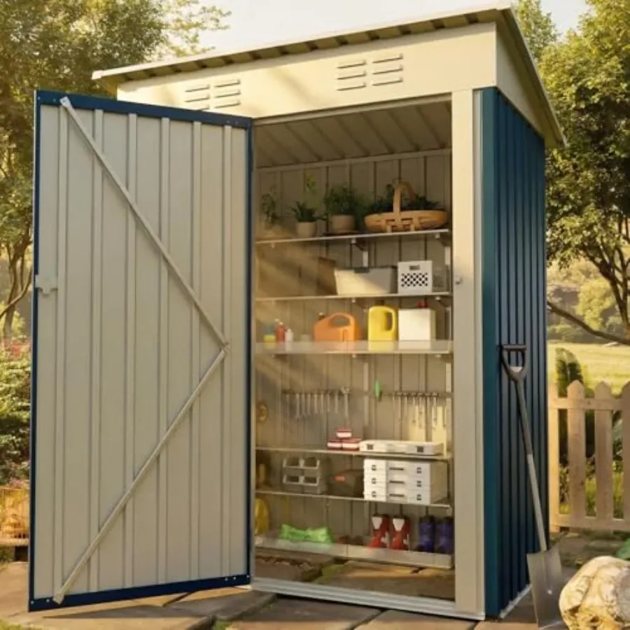 IDEAHOUSE 5x3FT Galvanized Steel Outdoor Storage Shed, Weather-Resistant Tool Organizer with Lockable Door Sloped Roof, Perfect