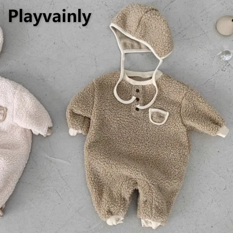 

Baby Girl and Boy Korean Style Plush Jumpsuit New Winter Khaki Apricot O-neck Pullover Rompers Infant Fleece Warm Wear D2149-2