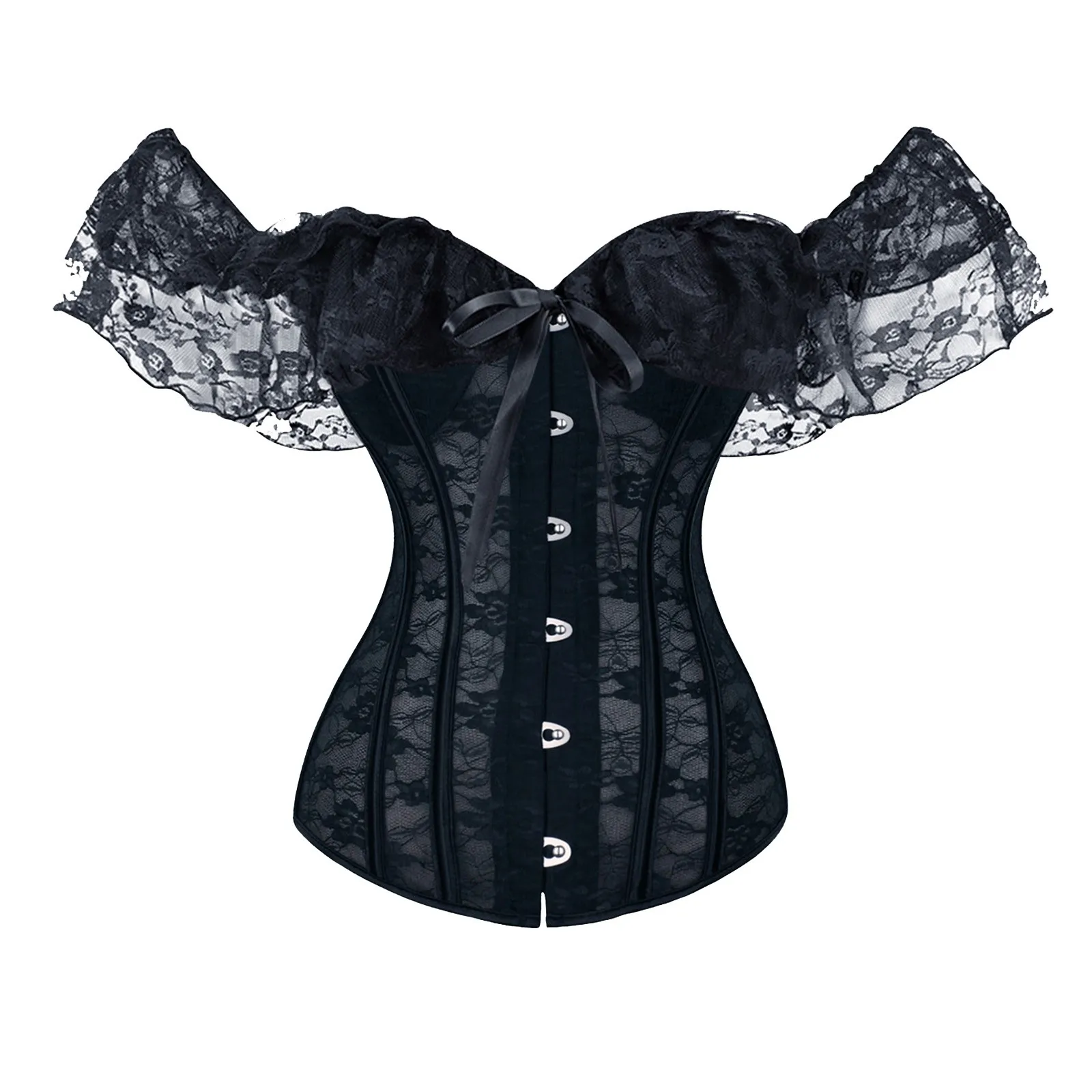 Overbust Corset Tops For Women With Sleeves Vintage Victorian Retro Burlesque Lace Corset Bustiers Vest Black White Body Shaper