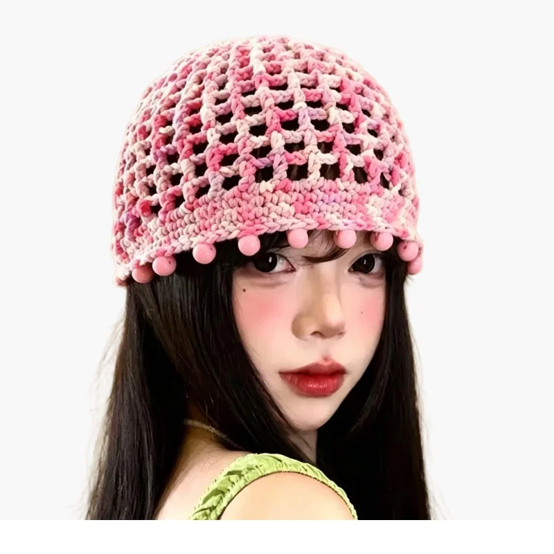 Handmade Crochet Hollow-Out Hat Vintage Bohemian Style Beaded Headwrap Breathable Summer Knit Hat for Vacation Photos