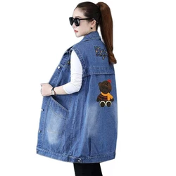 Women Long Denim Vest Coat Spring Autumn Retro Big Pocket Loose Sleeveless Jacket Large Size Female Jeans Windbreaker Waistcoat