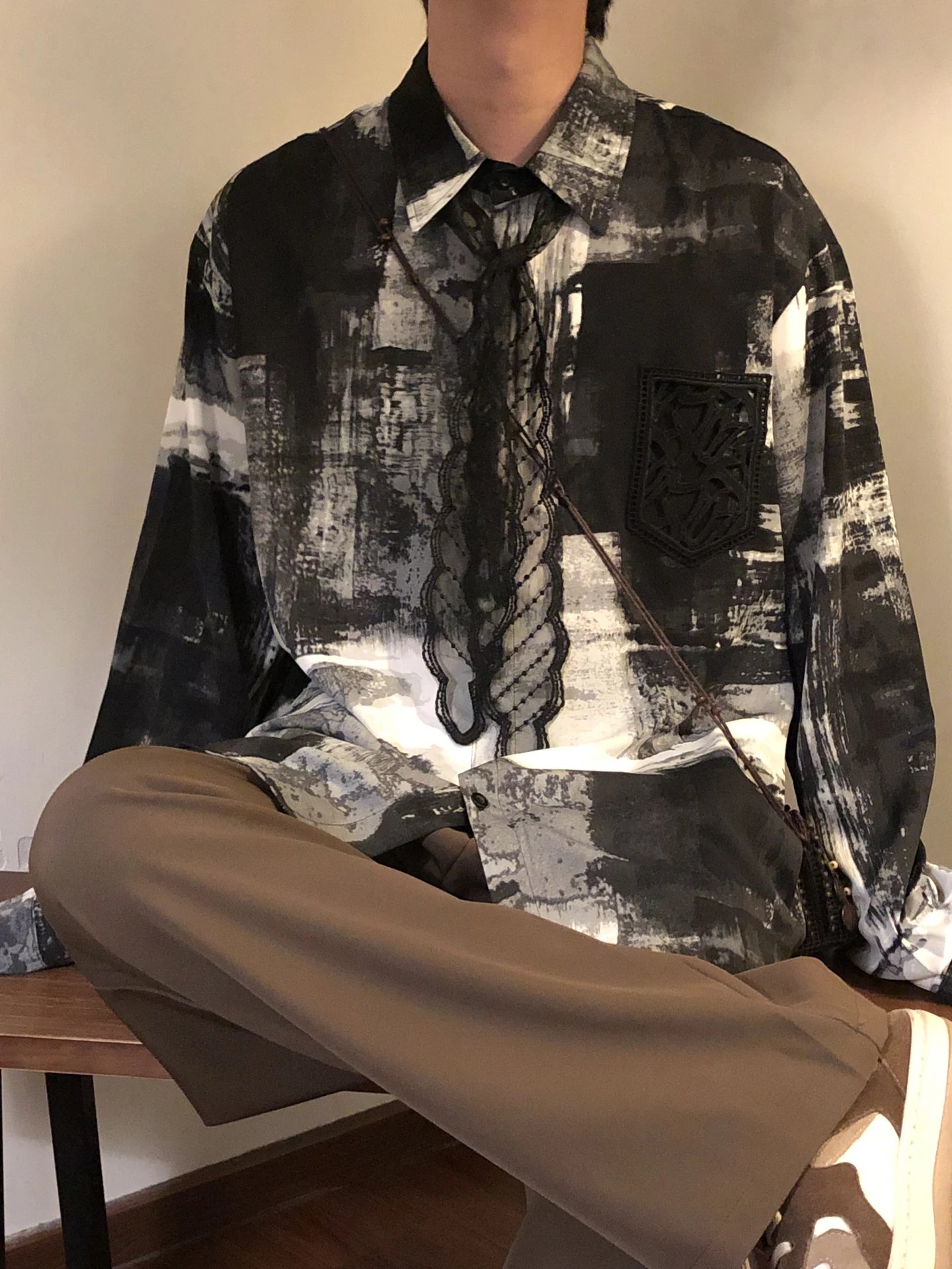 2025 Spring and Autumn New American Retro Style Men's Loose Casual Ink Painting Gradient Long Sleeve Shirt Top