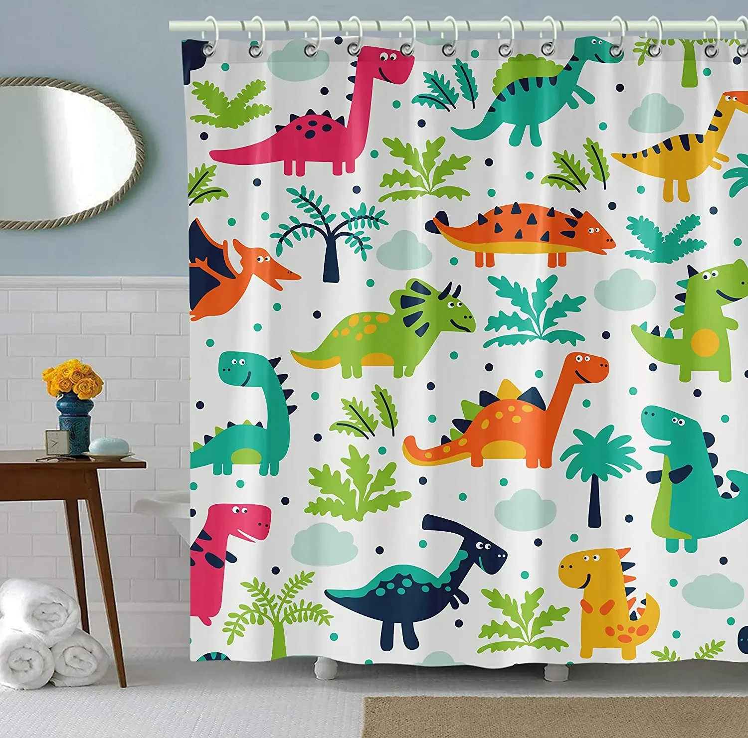 Cartoon Funny Colorful Dinosaur Raptor T-Rex Shower Curtain Cute Animal World  Child Boy Bathroom Bath Curtains Decor With Hooks