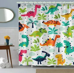 Cartoon Funny Colorful Dinosaur Raptor T-Rex Shower Curtain Cute Animal World  Child Boy Bathroom Bath Curtains Decor With Hooks