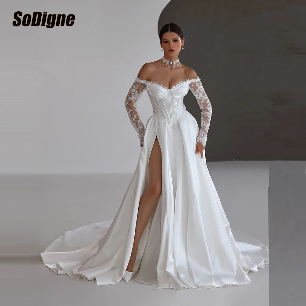  SoDigne A-line Satin Wedding Dresses Off Shoulder Pearls Bridal Dress Split Beach Bride Gown vestidos de novia Customized