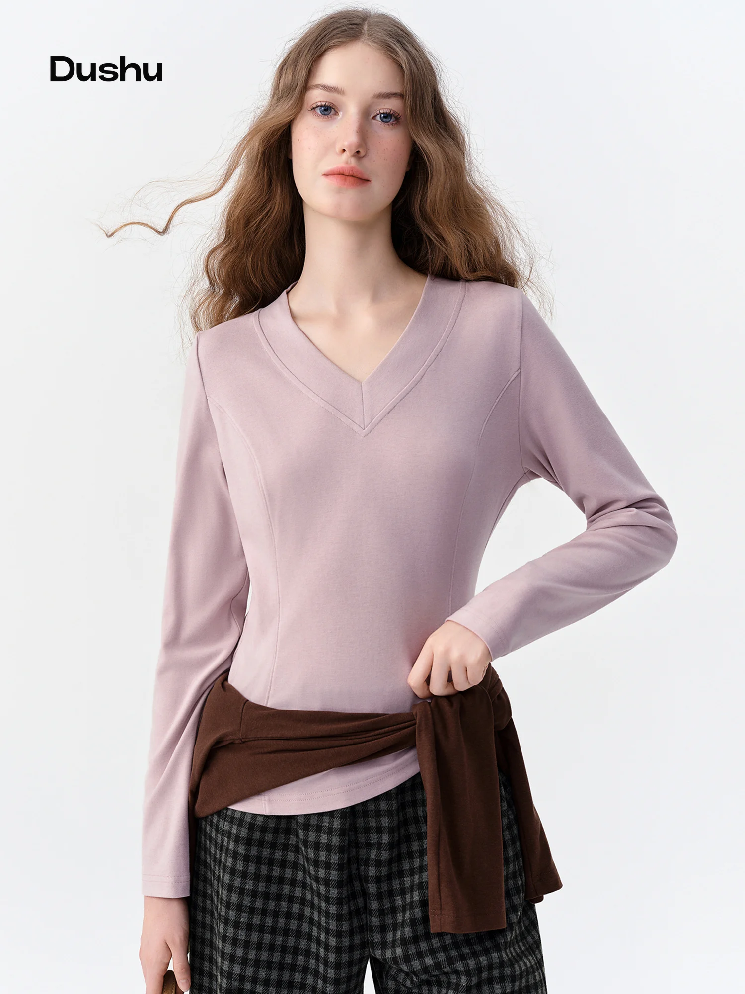 DUSHU Women's V Neck Long Sleeve Soft Blend Slim Knit T-Shirt Solid Color Base Layer Elegant Commute Lightweight Layering Top