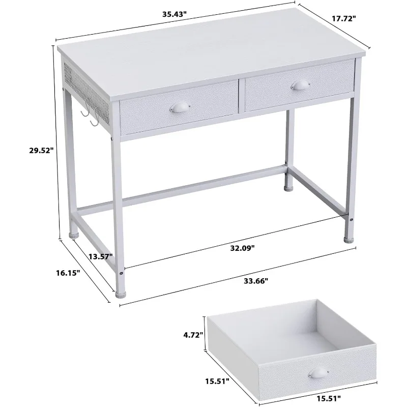 Small Computer Desk with 2 Fabric Drawers, 36 Inch Simple Home Office Writing Desk, Vanity Desk with Hooks, Study Desk