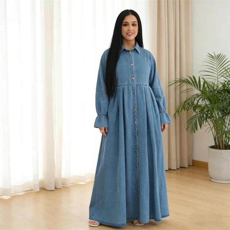 

Ramadan Muslim Women Denim Abayas Button Dress Turkey Kaftan Arab Robe Dubai Eid Jalabiya Caftan Vestidos Gown Islam Clothing