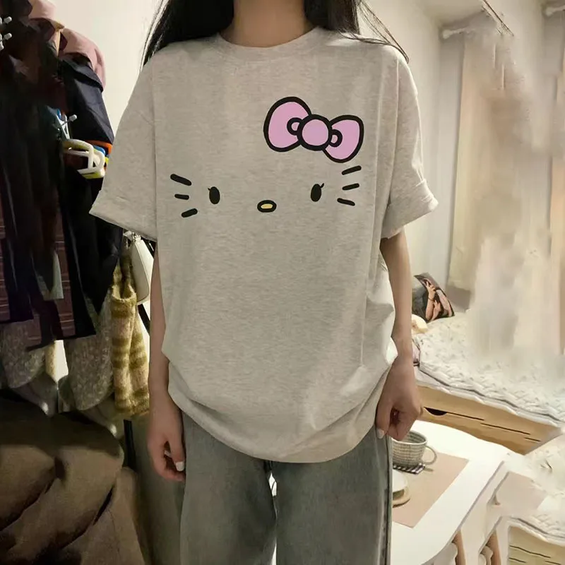 

Kawaii Sanrio Anime Short Sleeve Cute Hello Kitty Cartoon Sweet Cool Summer Loose Casual Versatile Slim Top T-Shirt Gifts Girls