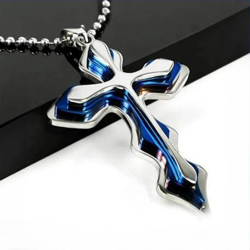 CHUANGCHENG punk blue wavy cross creative style stainless steel  pendant Men's Necklace Chains