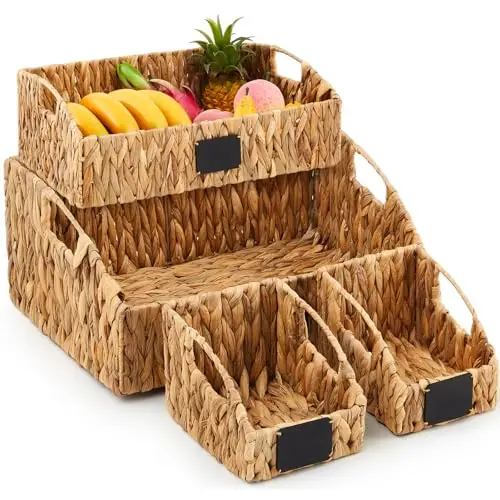 

4-Piece Natural Water Hyacinth Woven Basket Set With Chalkboard Tags For Kitchen Pantry Shelf Storage And Home Organization