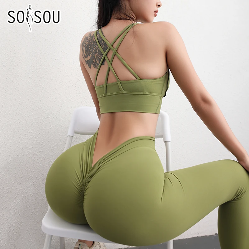 SOISOU Nylon Yoga Set Women\'s Tracksuit Sportswear Gym Leggings Woman Bra Chest Pad Removable V-shaped Hip Womens Clothing