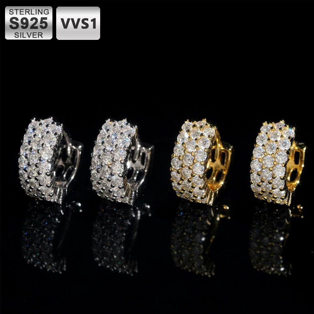 

ICEBLING Full Moissanite 3-Row Hoop Earrings S925 Sterling Silver Wedding Jewelry Luxury Lab-created Diamond Stud Earrings