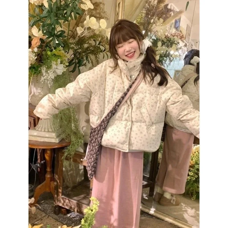 Menina engrossar para baixo pão robe algodão-acolchoado jaqueta feminina doce fragmentos florais jaqueta puffer feminina versão coreana inverno