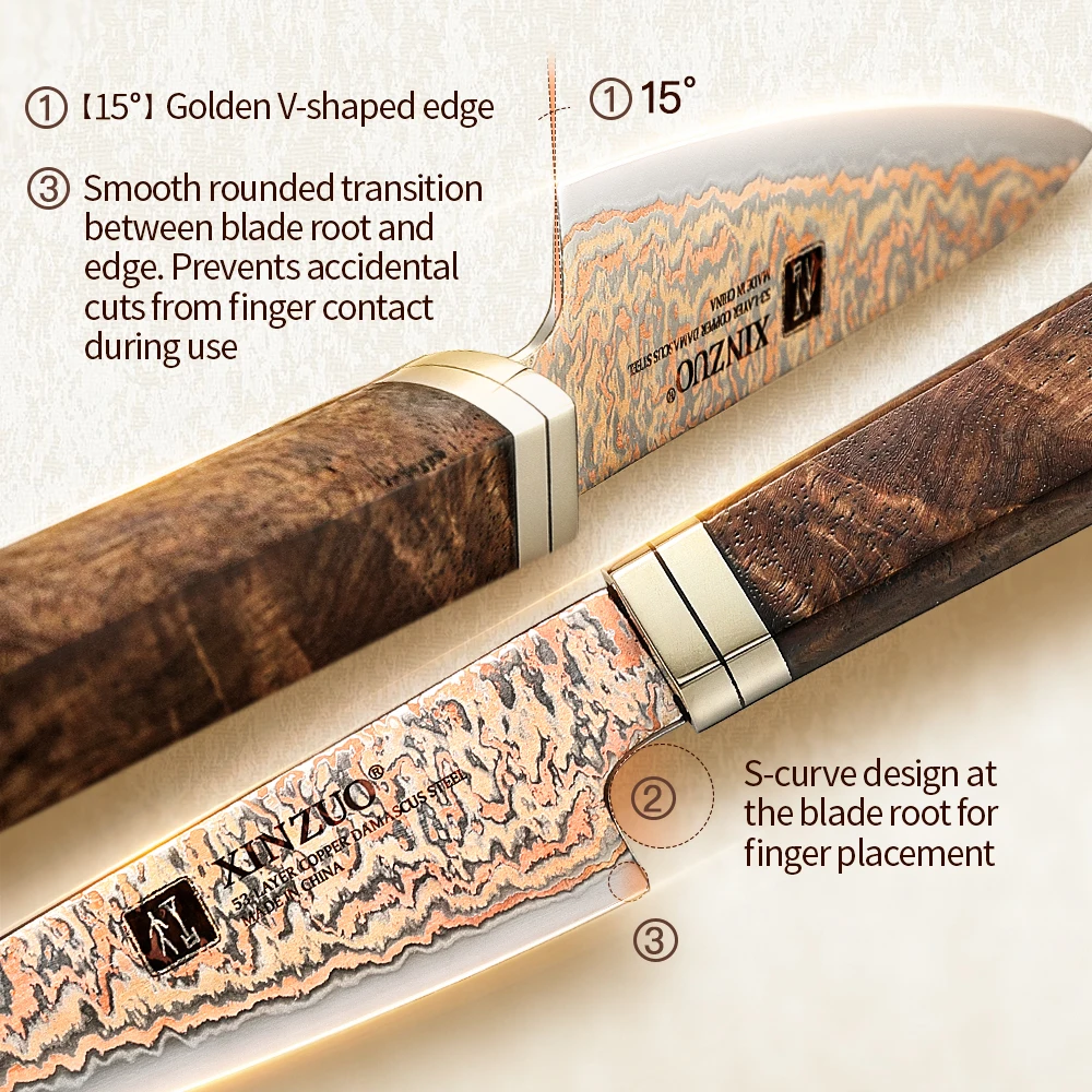 XINZUO 4.1‘’ Paring Knife with Premium Kitchen Cutlery Gift Box 53 Layers Tricolour Copper Damascus Steel Fruit Peeler Knife