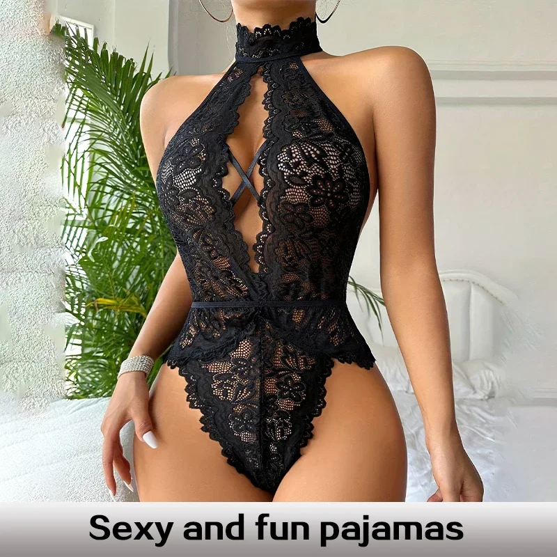

Ladies Lace Flower Hollow Chest Sexy Jumpsuit Ladies Lace Flower Backless Sleeveless Sexy Jumpsuit Lace Pajamas