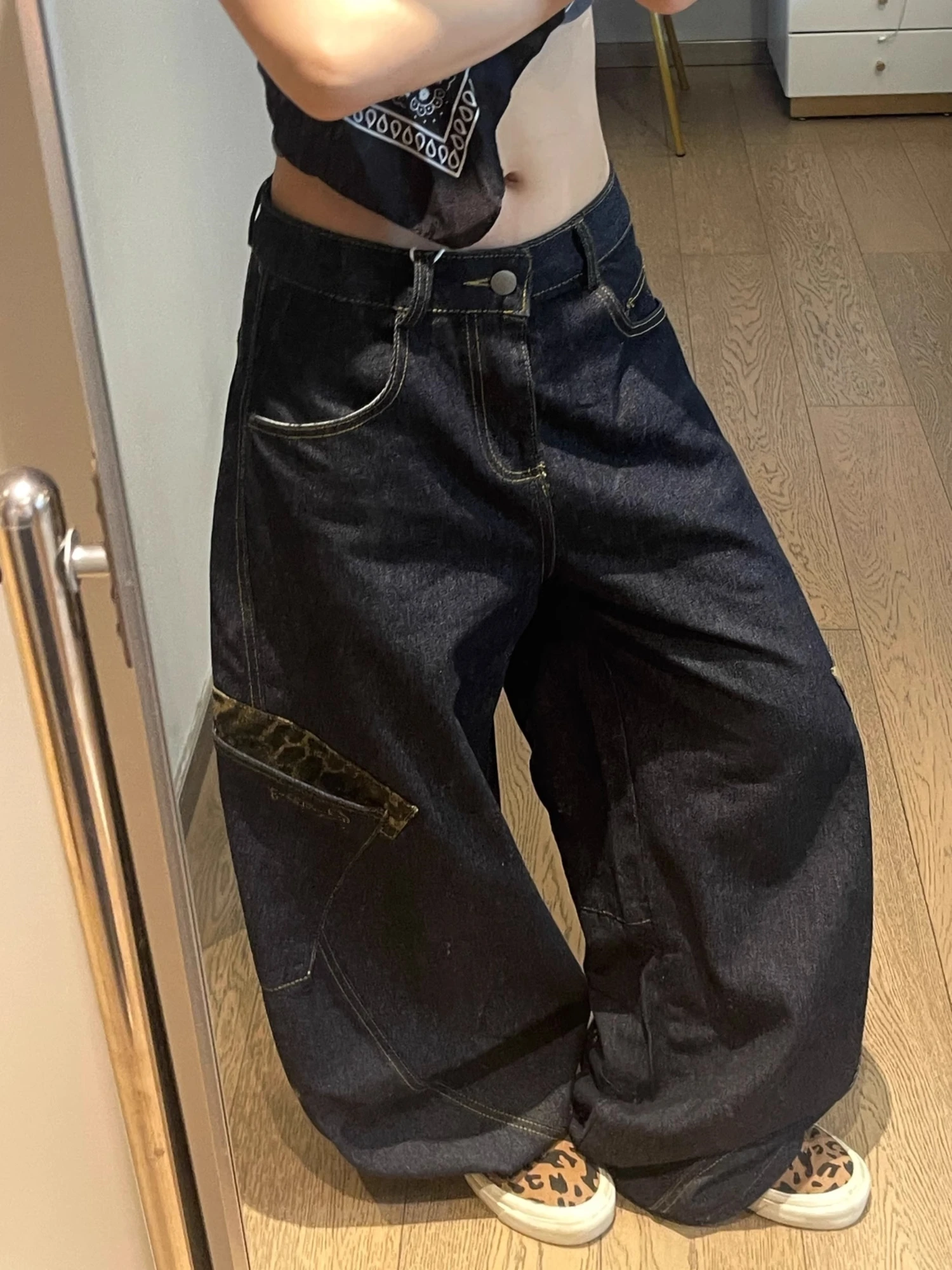 Retro American Workwear Denim Pants Women's Loose Wide Leg Knife  Patchwork Leopard Print Autumn Winter New Style Jeans