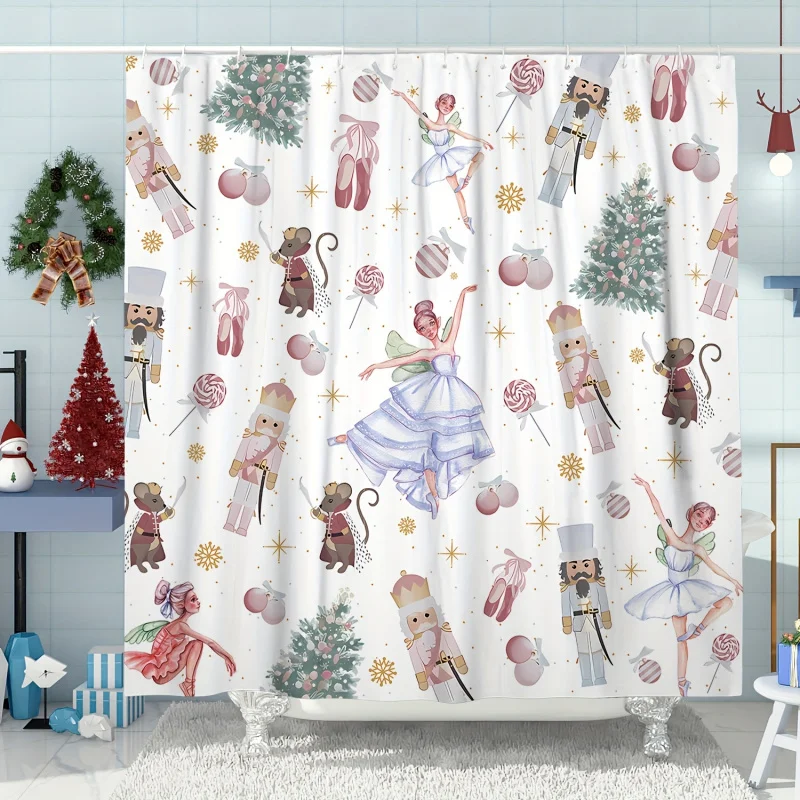 1pc Printed , Waterproof Shower Curtain With 12 Hooks, Nutcracker Christmas Tree Snowflake Ballerina Chr