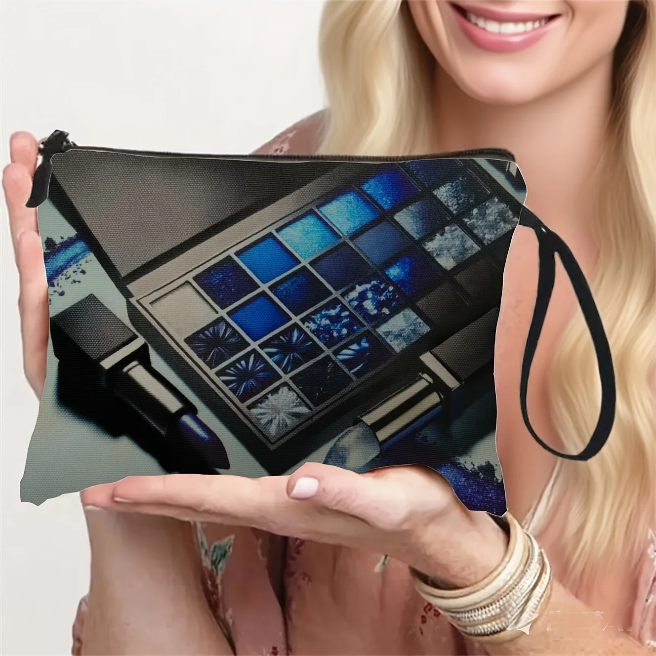 Icy Blue Shimmer Eyeshadow Convenient Makeup Bag - Beauty Supplies Storage Bag Travel Portable Wristband Fashion Toiletry Bag