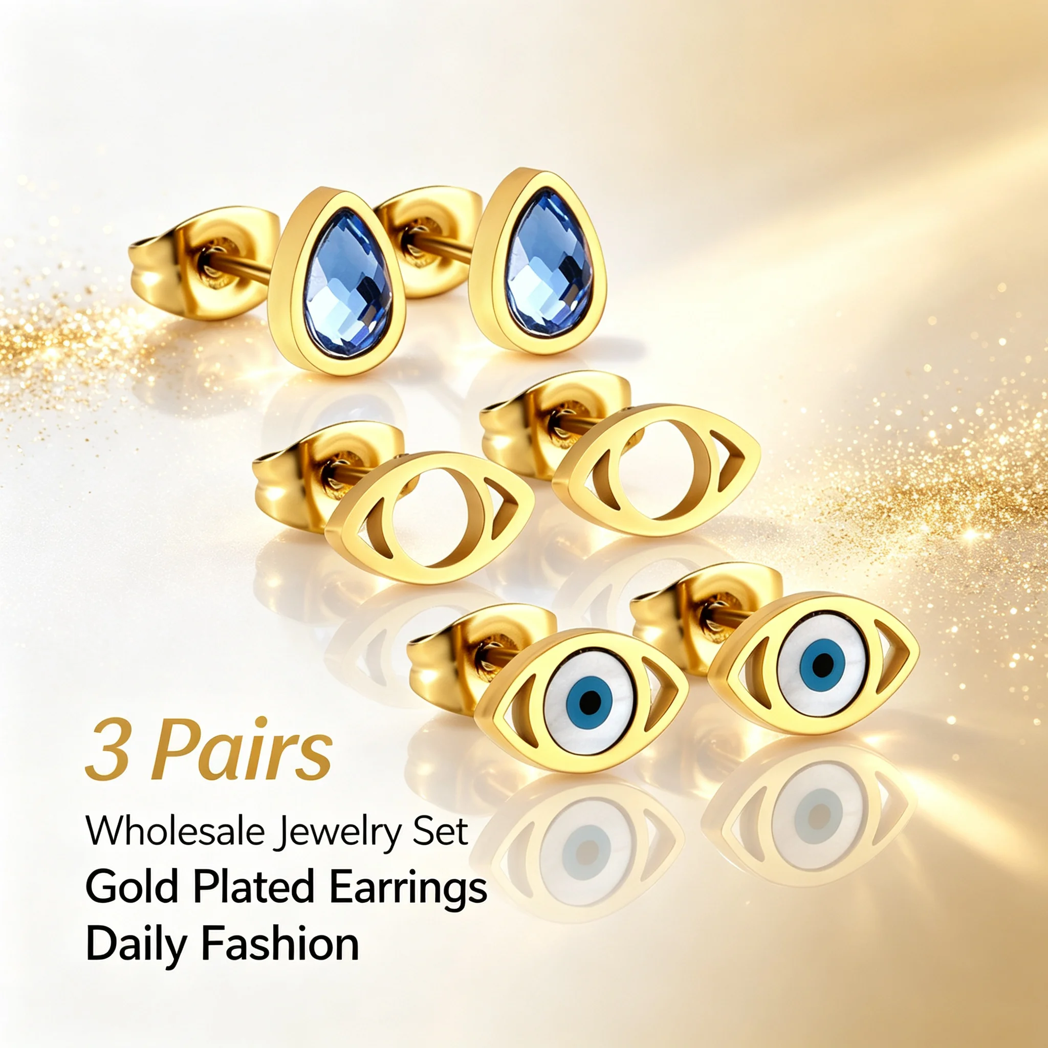 Wholesale Bulk 3Pairs Stainless Steel Gold Evil Eye Stud Earrings Blue Crystal Hollow Enamel Nazar Tiny Earring Set  Jewelry