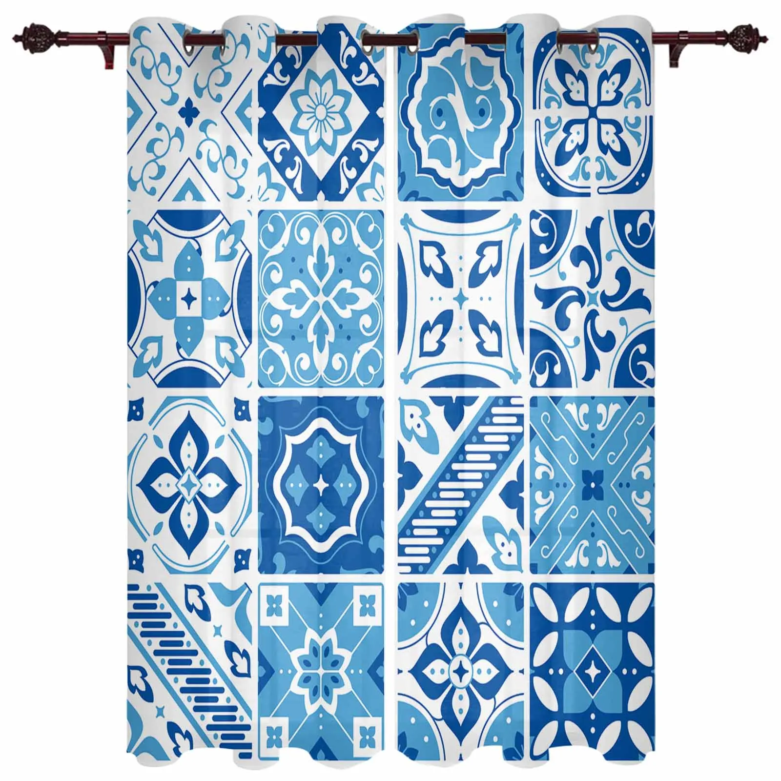 Ceramic Tiles Bohemian Floral Blue Modern Window Curtains for Living Room Bedroom Curtain Kitchen Treatment Blinds Drapes