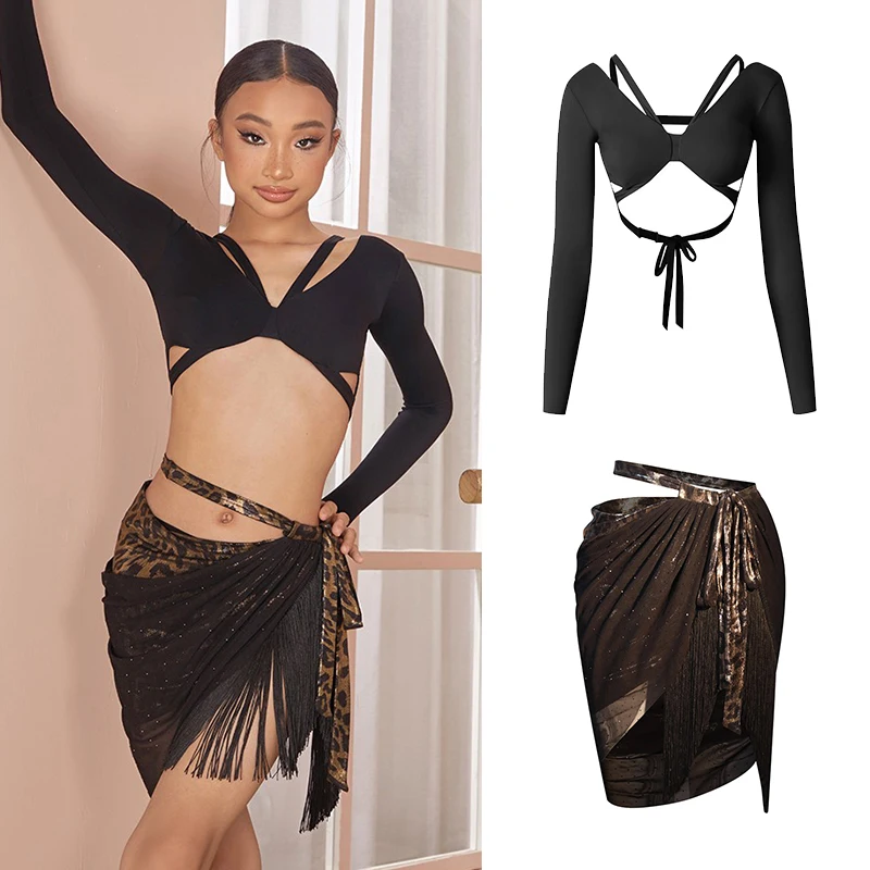 2025 Ragazze Costume di Ballo Latino Maniche Lunghe Magliette Corte Gonna Leopardo Cha Cha Rumba Pratica di Ballo Indossare Esegui Abbigliamento DNV25619