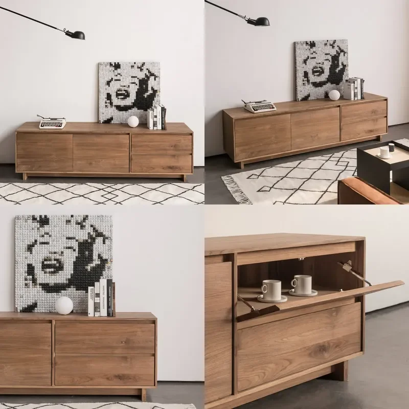 For Imported Teak Solid Wood TV Cabinet Living Room Wall Storage Medieval Low Floor Console Table Durable Natural Finish