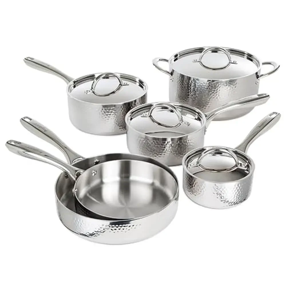 Vintage Tri-Ply Stainless Steel Cookware Set 10Pc Hammered Design Induction Compatible Silver