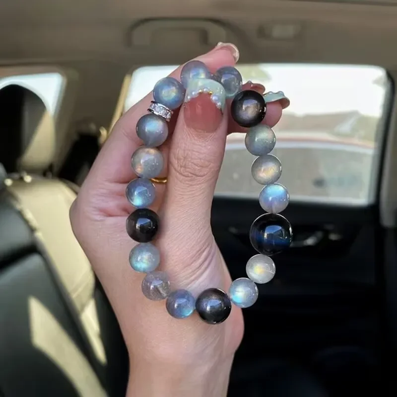 Natural blue gray moonstone single circle crystal bracelet elongated stone blue tiger eye silver obsidian bracelet jewelry.