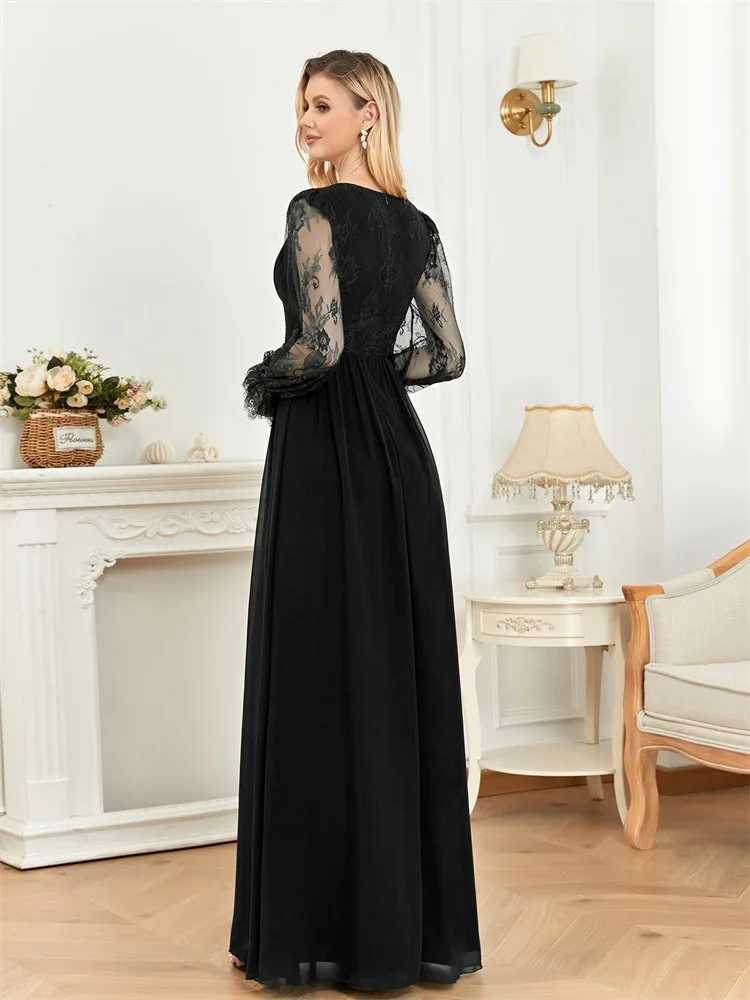 Lucyinlove Luxury Black Chiffon Tulle Formal Evening Dress Elegant Long Sleeves Bridesmaid Party Maxi Dress Women Cocktail Prom