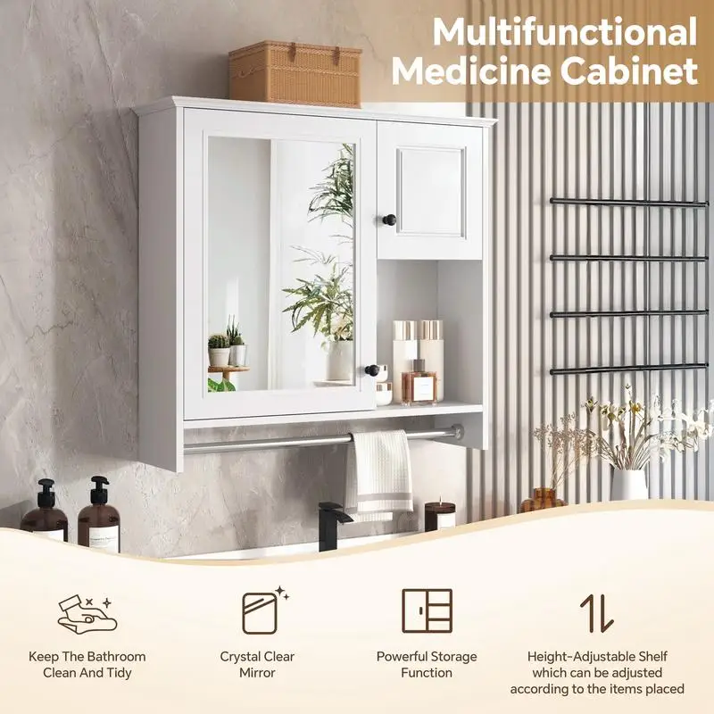 Szafka łazienkowa wisząca z lustrem, 76 cm, szafka na leki, 2 półki, przechowywanie nad toaletą, białe wykończenie