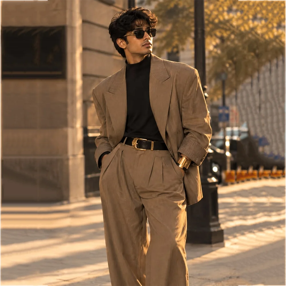Chic Linen Men Suits Two Piece Oversized Peak Lapel Blazer Pleated Wide Leg Pants Casual Business Prom Party Daily Outfit Set