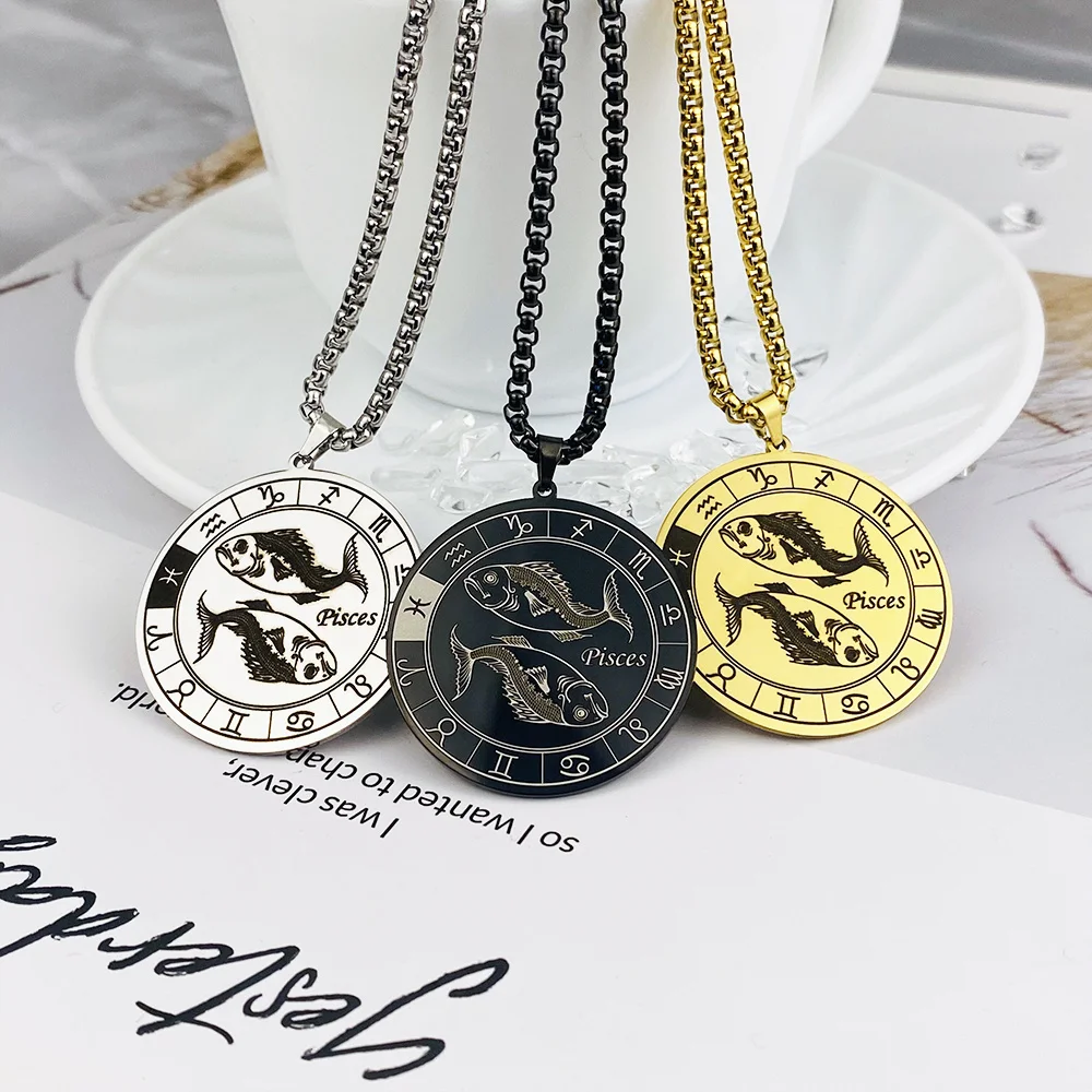 Stainless Steel Zodiac Sign Necklace for Women Men 12 Constellations Pisces Symbol Pendant Necklace Punk Amulet Vintage Jewelry