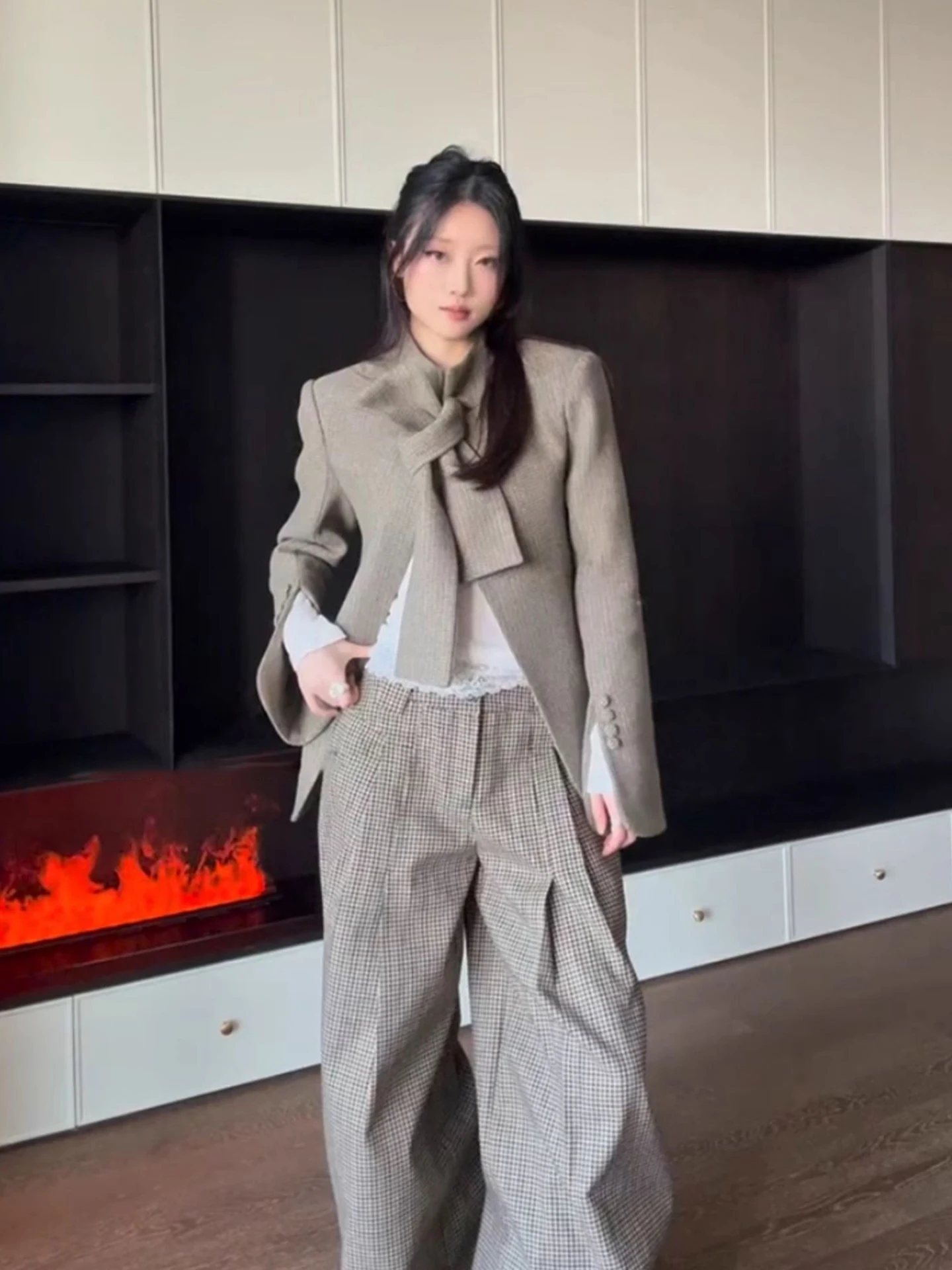 

Костюм XZY Commuter Sle: Женский осенне-зимний комплект с широкими брюками в клетку, пиджаком и брюками с высокой талией, модный.