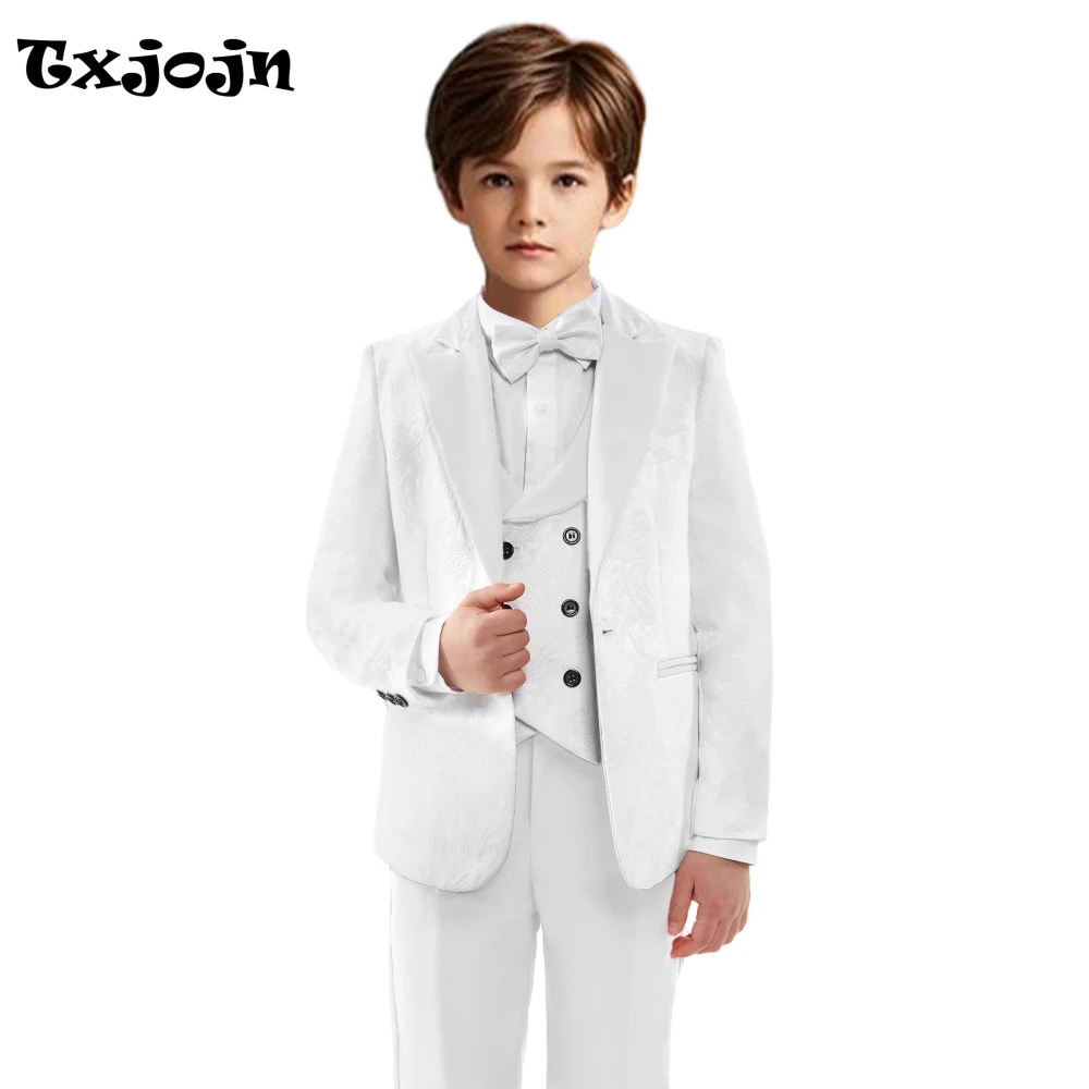 Classic White Child Suit Set 4 Pieces Jacket Vest Pants With Bow Tie Stage Performance Smart Formal Boy Suit Graduation Ceremony