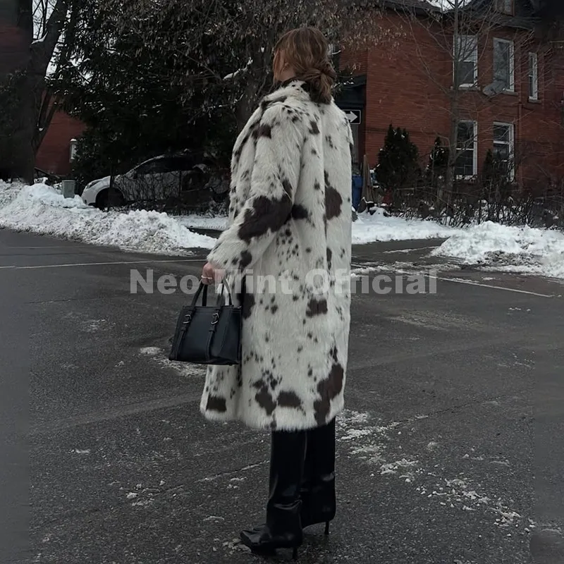 Luxury Cow Print Faux Fur Coat for Women - Winter 2025